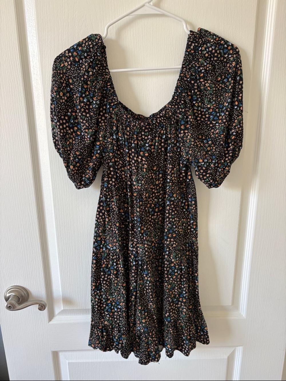 wild fable Black Floral Puff-Sleeve Midi Dress with Peach & Blue Accents